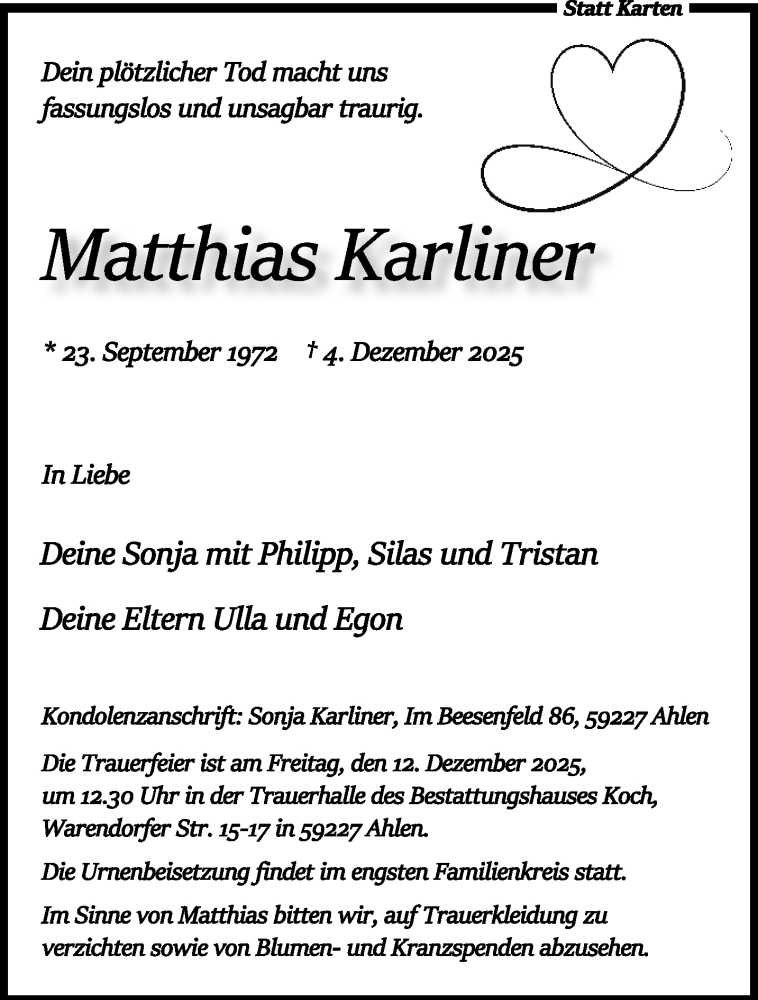  Traueranzeige für Matthias Karliner vom 10.12.2025 aus 
