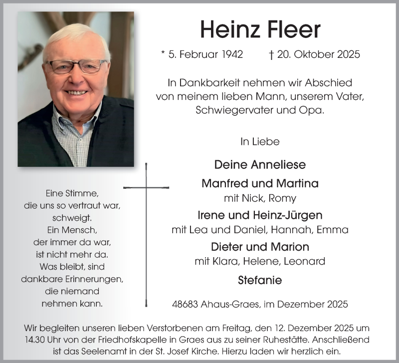  Traueranzeige für Heinz Fleer vom 09.12.2025 aus 