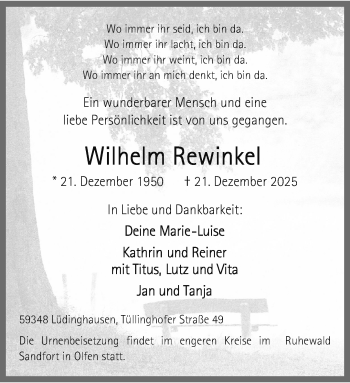 Anzeige von Wilhelm Rewinkel 