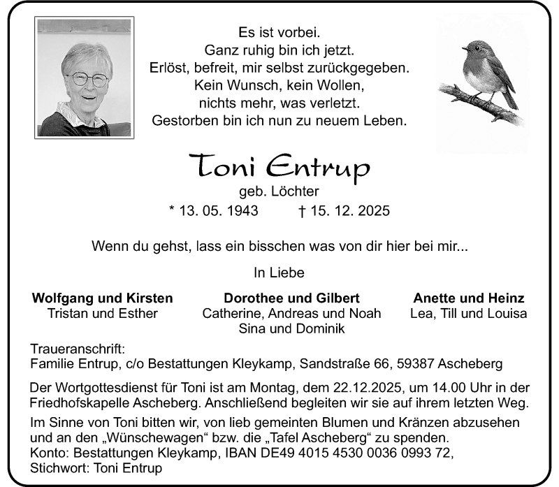  Traueranzeige für Toni Entrup vom 20.12.2025 aus 