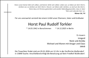Anzeige von Horst Paul Rudolf Torkler 