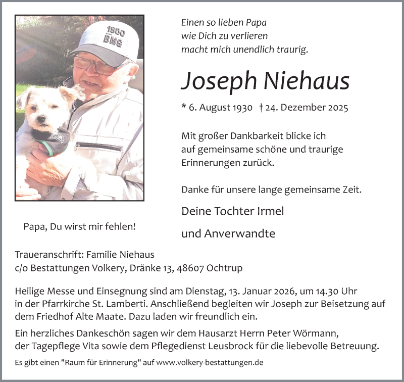  Traueranzeige für Joseph Niehaus vom 30.12.2025 aus 