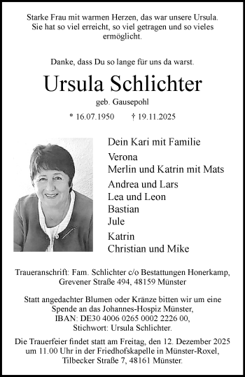 Anzeige von Ursula Schlichter 