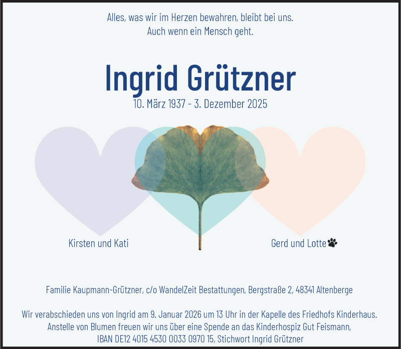  Traueranzeige für Ingrid Grützner vom 13.12.2025 aus 