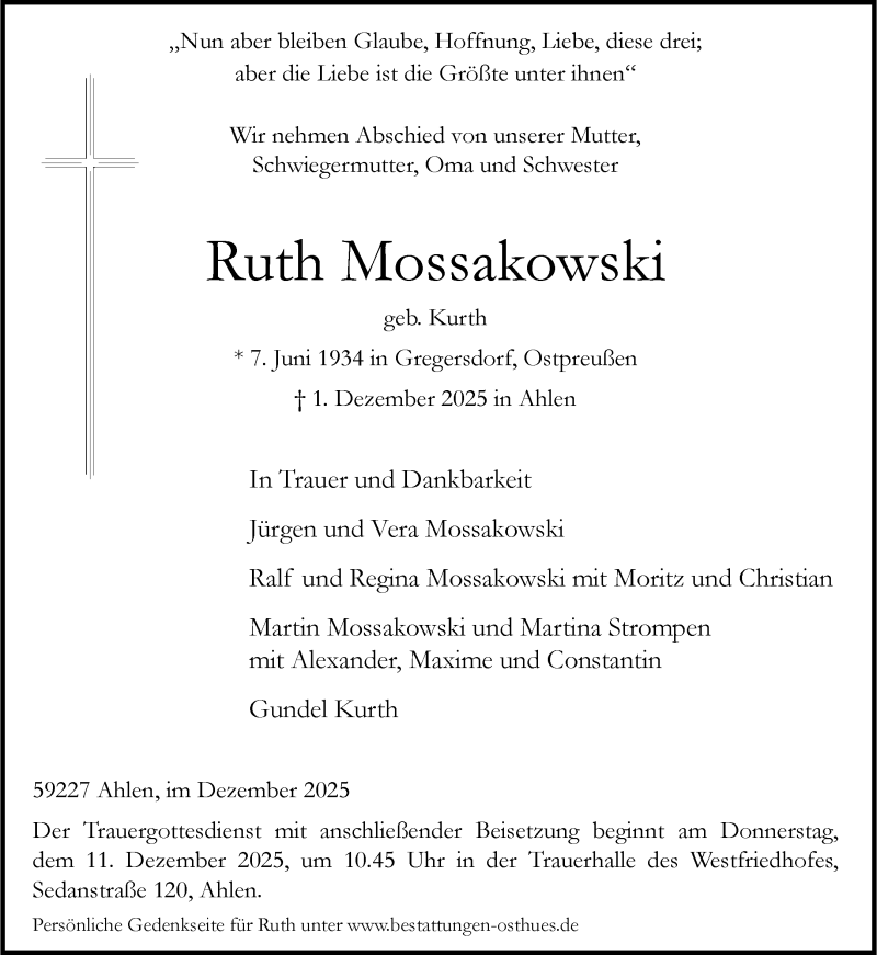  Traueranzeige für Ruth Mossakowski vom 06.12.2025 aus 