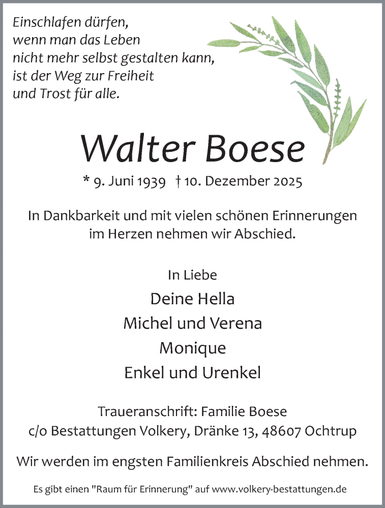  Traueranzeige für Walter Boese vom 18.12.2025 aus 