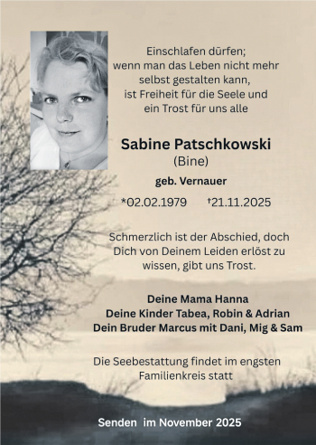 Anzeige von Sabine Patschkowski 