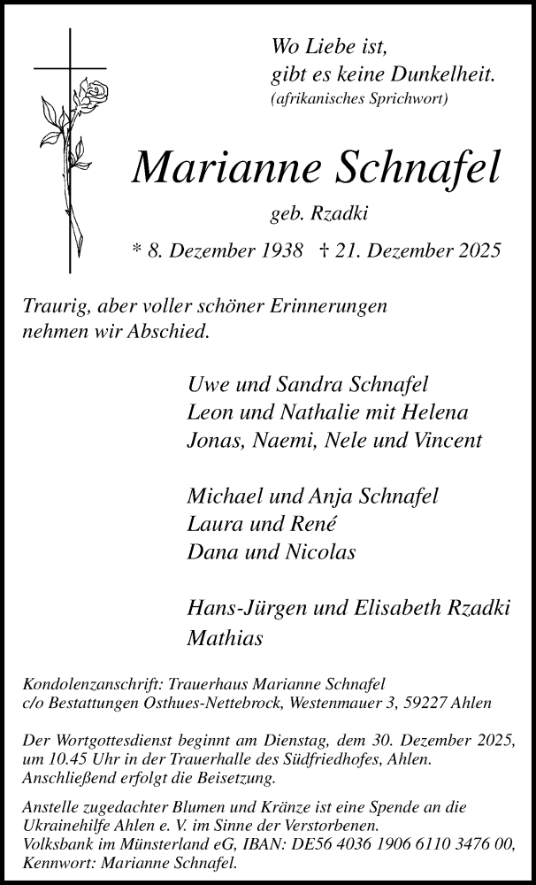  Traueranzeige für Marianne Schnafel vom 27.12.2025 aus 