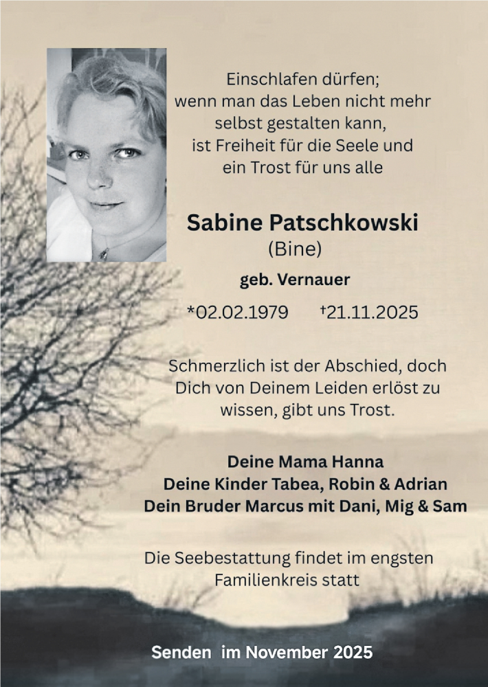  Traueranzeige für Sabine Patschkowski vom 03.12.2025 aus 