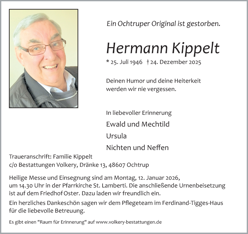 Traueranzeige für Hermann Kippelt vom 30.12.2025 aus 