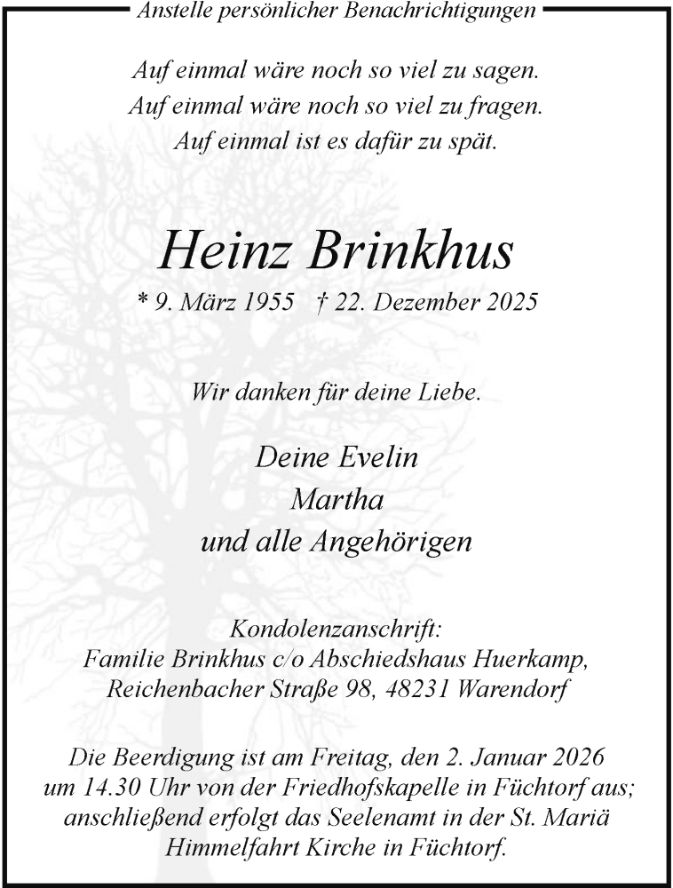  Traueranzeige für Heinz Brinkhus vom 30.12.2025 aus 