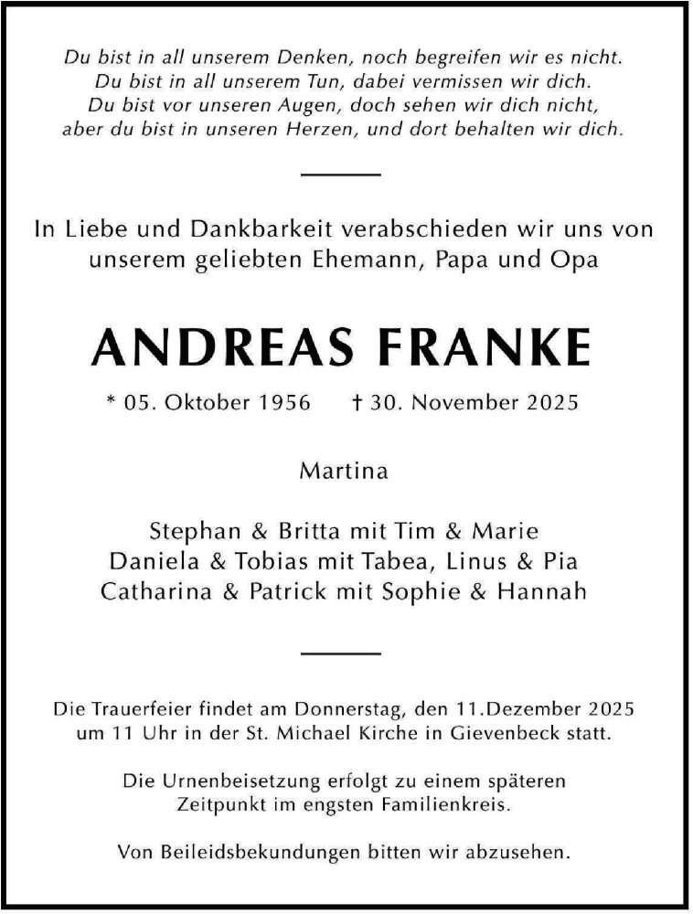  Traueranzeige für Andreas Franke vom 06.12.2025 aus 