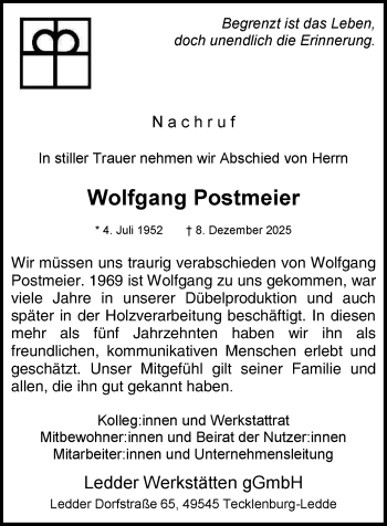 Anzeige von Wolfgang Postmeier 