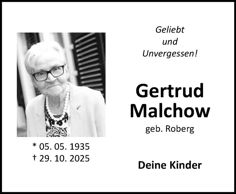  Traueranzeige für Gertrud Malchow vom 13.12.2025 aus 