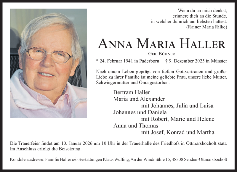  Traueranzeige für Anna Maria Haller vom 20.12.2025 aus 