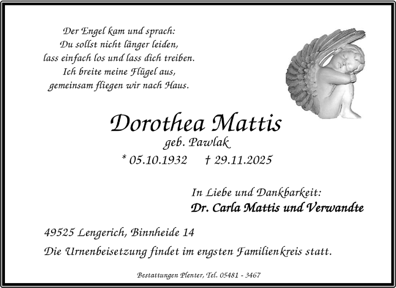  Traueranzeige für Dorothea Mattis vom 06.12.2025 aus 