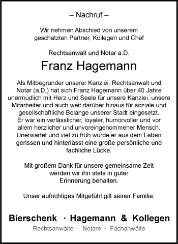 Anzeige von Franz Hagemann 