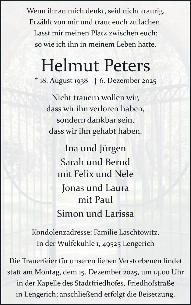 Traueranzeige für Helmut Peters vom 13.12.2025 aus 