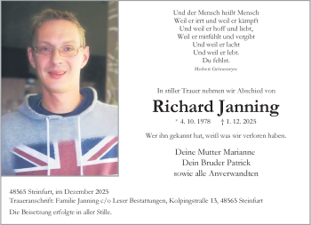 Anzeige von Richard Janning 