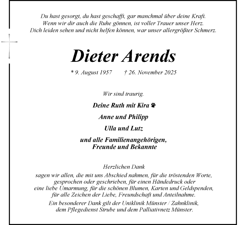  Traueranzeige für Dieter Arends vom 13.12.2025 aus 