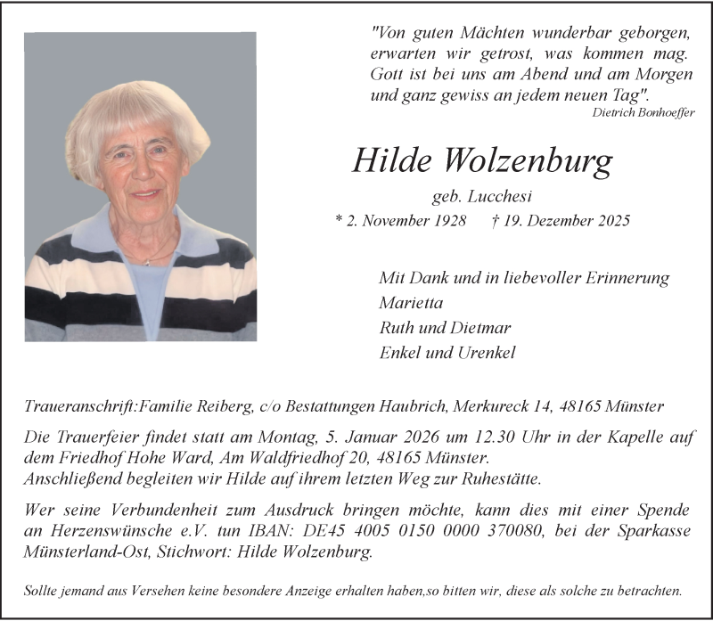  Traueranzeige für Hilde Wolzenburg vom 27.12.2025 aus 