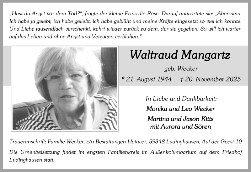  Traueranzeige für Waltraud Mangartz vom 03.12.2025 aus 