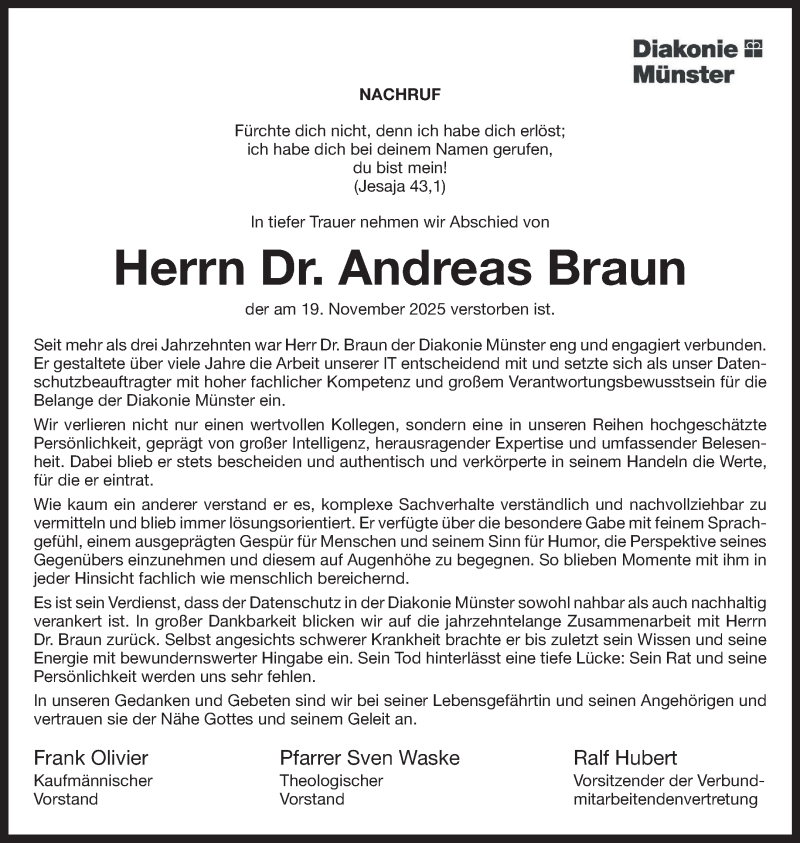 Traueranzeige für Dr. Andreas Braun vom 06.12.2025 aus 