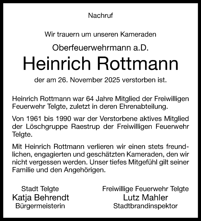  Traueranzeige für Heinrich Rottmann vom 06.12.2025 aus 