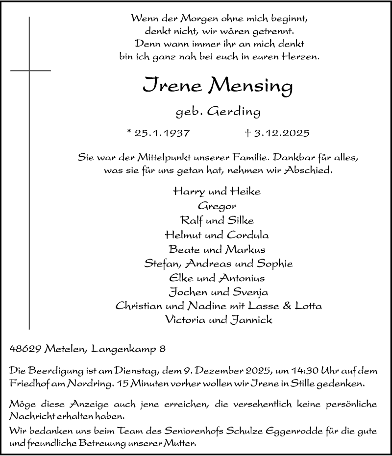  Traueranzeige für Jrene Mensing vom 05.12.2025 aus 