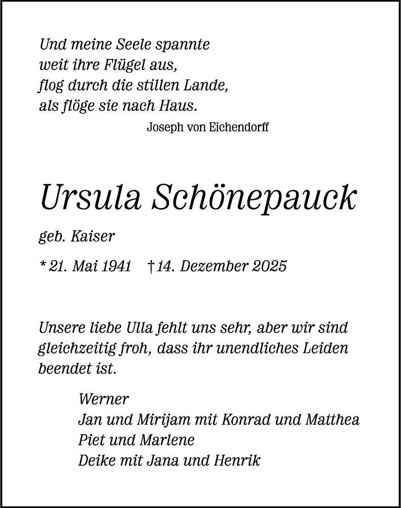  Traueranzeige für Ursula Schönepauck vom 27.12.2025 aus 