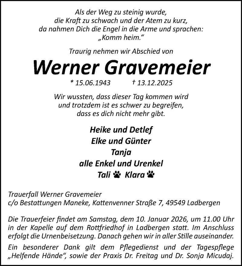  Traueranzeige für Werner Gravemeier vom 20.12.2025 aus 