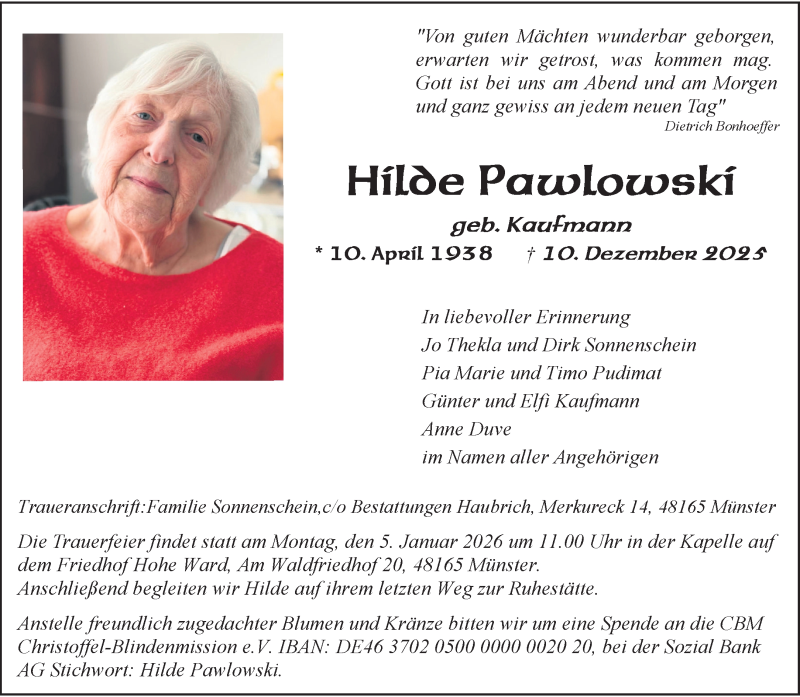  Traueranzeige für Hilde Pawlowski vom 20.12.2025 aus 