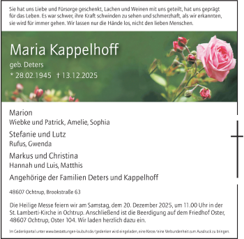 Anzeige von Maria Kappelhoff 