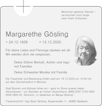 Anzeige von Margarethe Gösling 