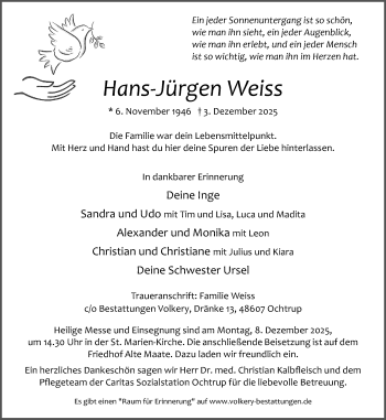 Anzeige von Hans-Jürgen Weiss 