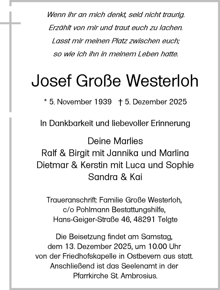  Traueranzeige für Josef Große Westerloh vom 10.12.2025 aus 
