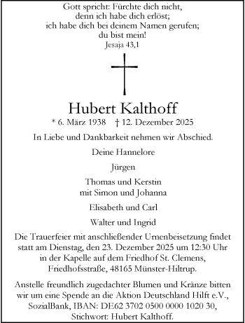 Anzeige von Hubert Kalthoff 