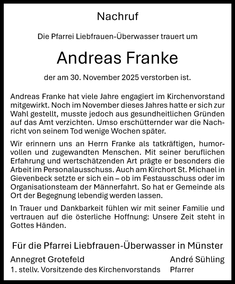  Traueranzeige für Andreas Franke vom 10.12.2025 aus 