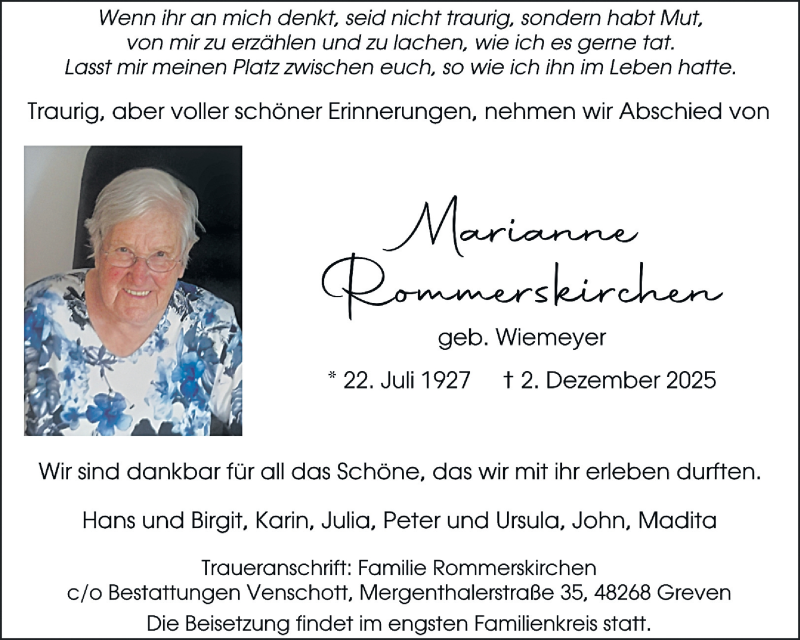  Traueranzeige für Marianne Rommerskirchen vom 13.12.2025 aus 