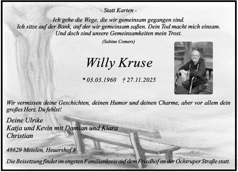  Traueranzeige für Willy Kruse vom 04.12.2025 aus 