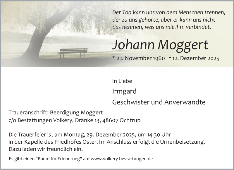  Traueranzeige für Johann Moggert vom 16.12.2025 aus 