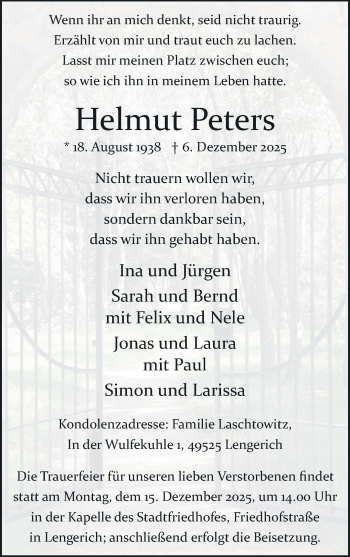 Anzeige von Helmut Peters 
