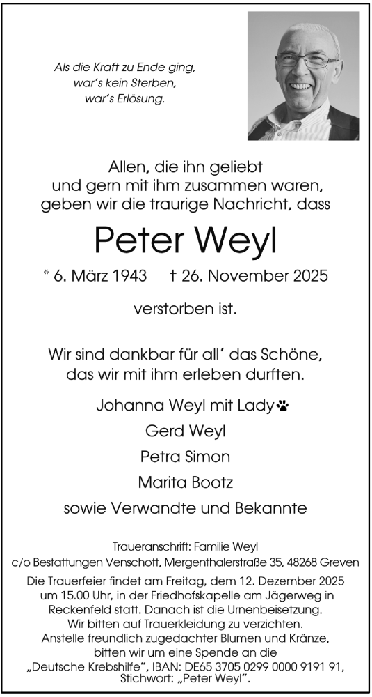  Traueranzeige für Peter Weyl vom 06.12.2025 aus 
