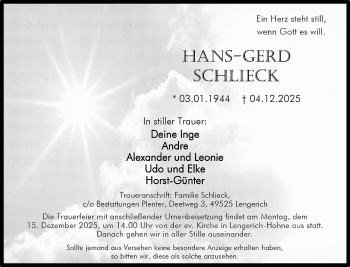 Anzeige von Hans-Gerd Schlieck 