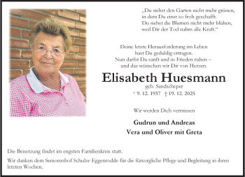 Anzeige von Elisabeth Huesmann 