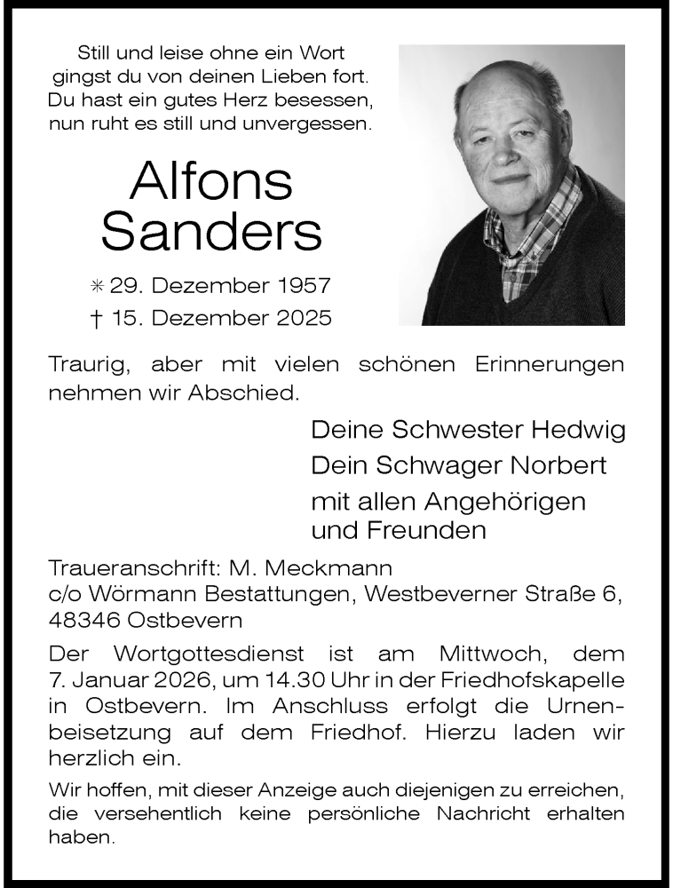  Traueranzeige für Alfons Sanders vom 20.12.2025 aus 