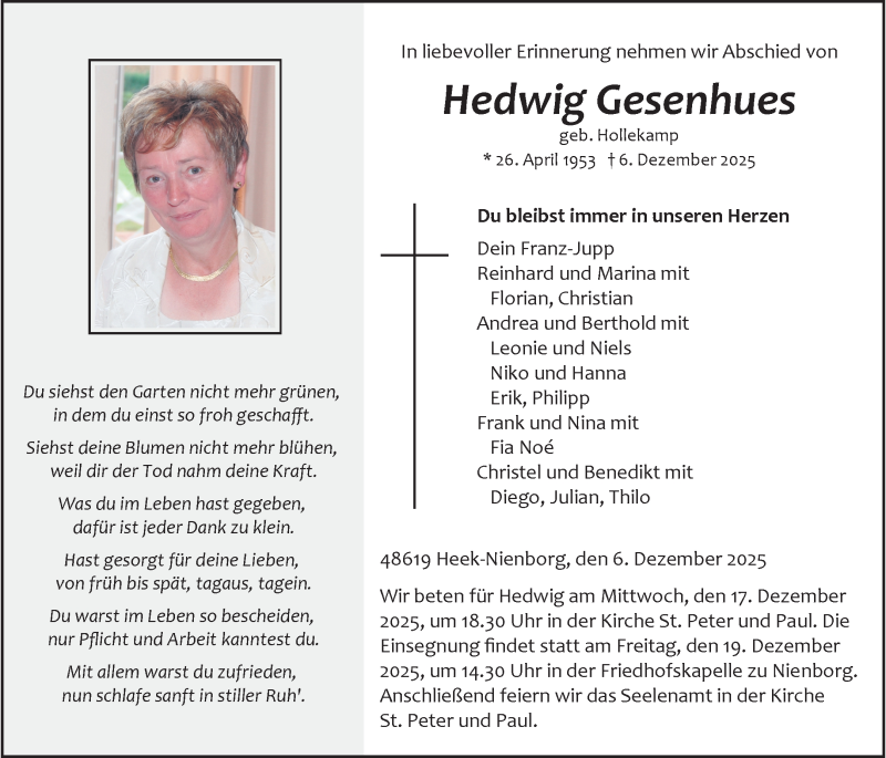  Traueranzeige für Hedwig Gesenhues vom 13.12.2025 aus 