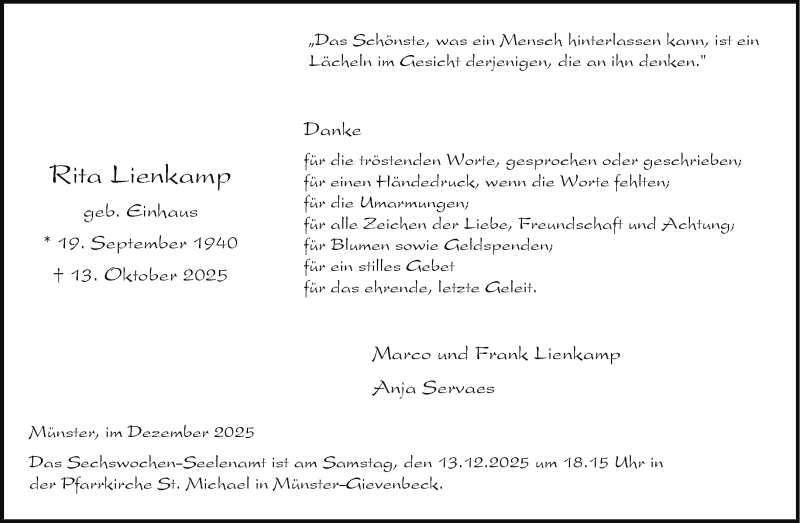  Traueranzeige für Rita Lienkamp vom 06.12.2025 aus 