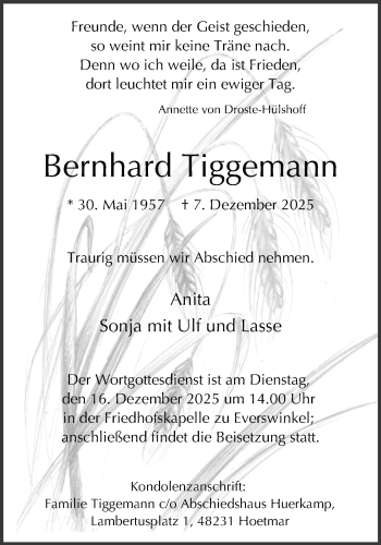 Anzeige von Bernhard Tiggemann 