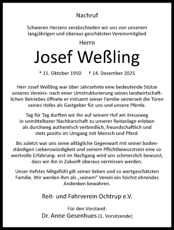 Anzeige von Josef Weßling 